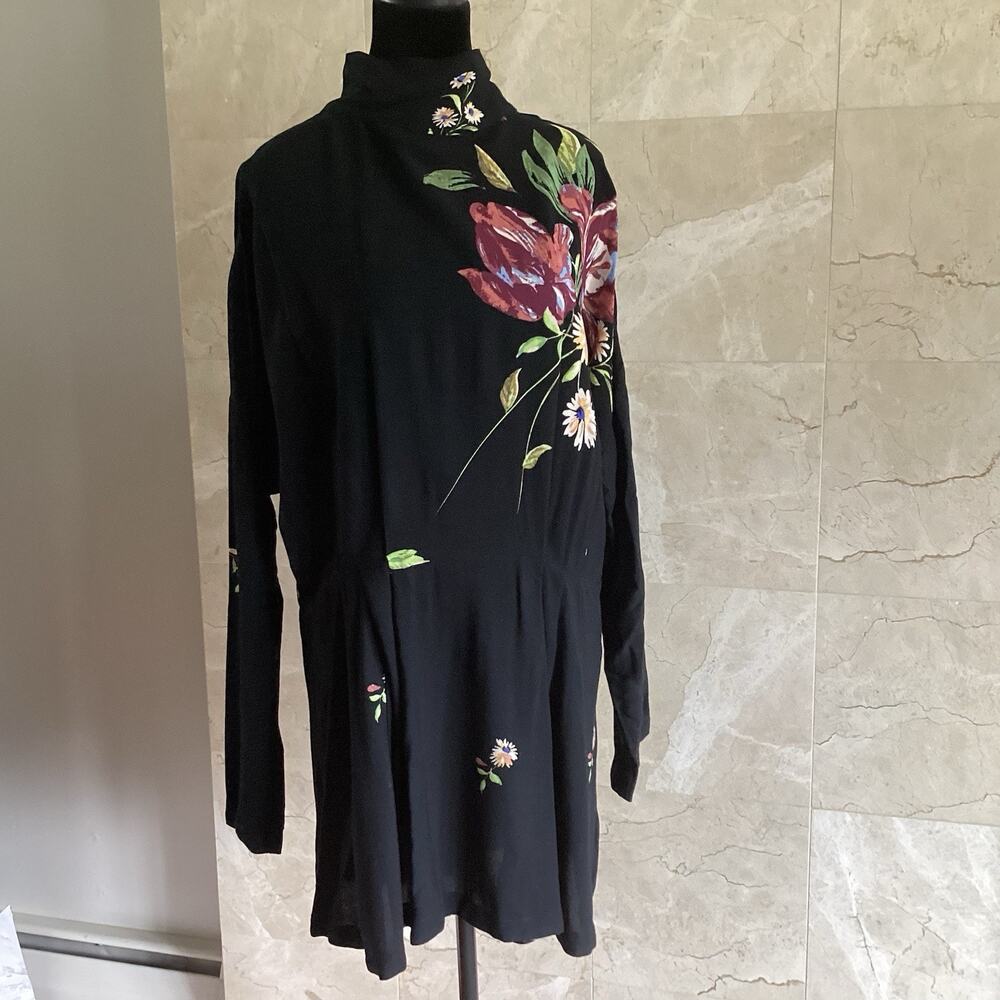 Free People Gemma Black Floral Mini Dress Large Dolman Mock Neck Tunic Fall $108 - Picture 4 of 15